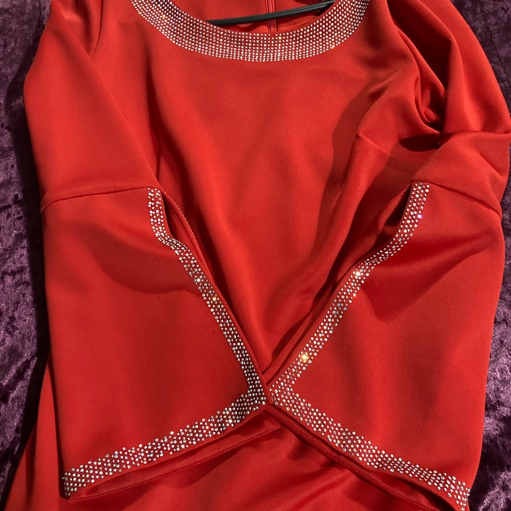 Red Low Midi Dress w/ Rhinestones